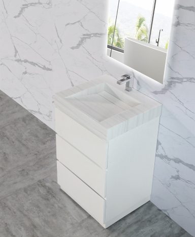 Compact bathroom vanity ideal for small spaces, complete with a minimalist design.