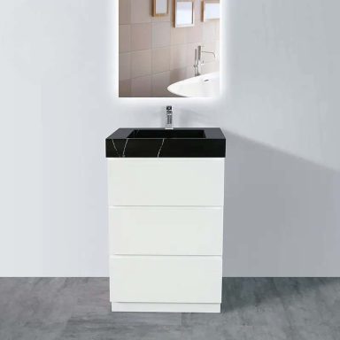 Compact bathroom vanity ideal for small spaces, complete with a minimalist design.