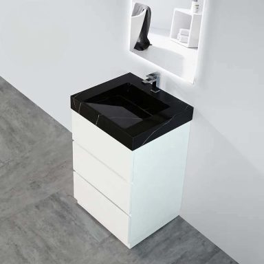 Compact bathroom vanity ideal for small spaces, complete with a minimalist design.